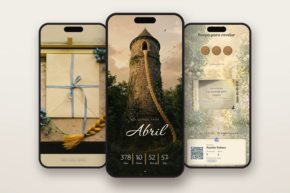 Invitación digital Rapunzel: el sobre, la portada y la raspadita con el pase QR