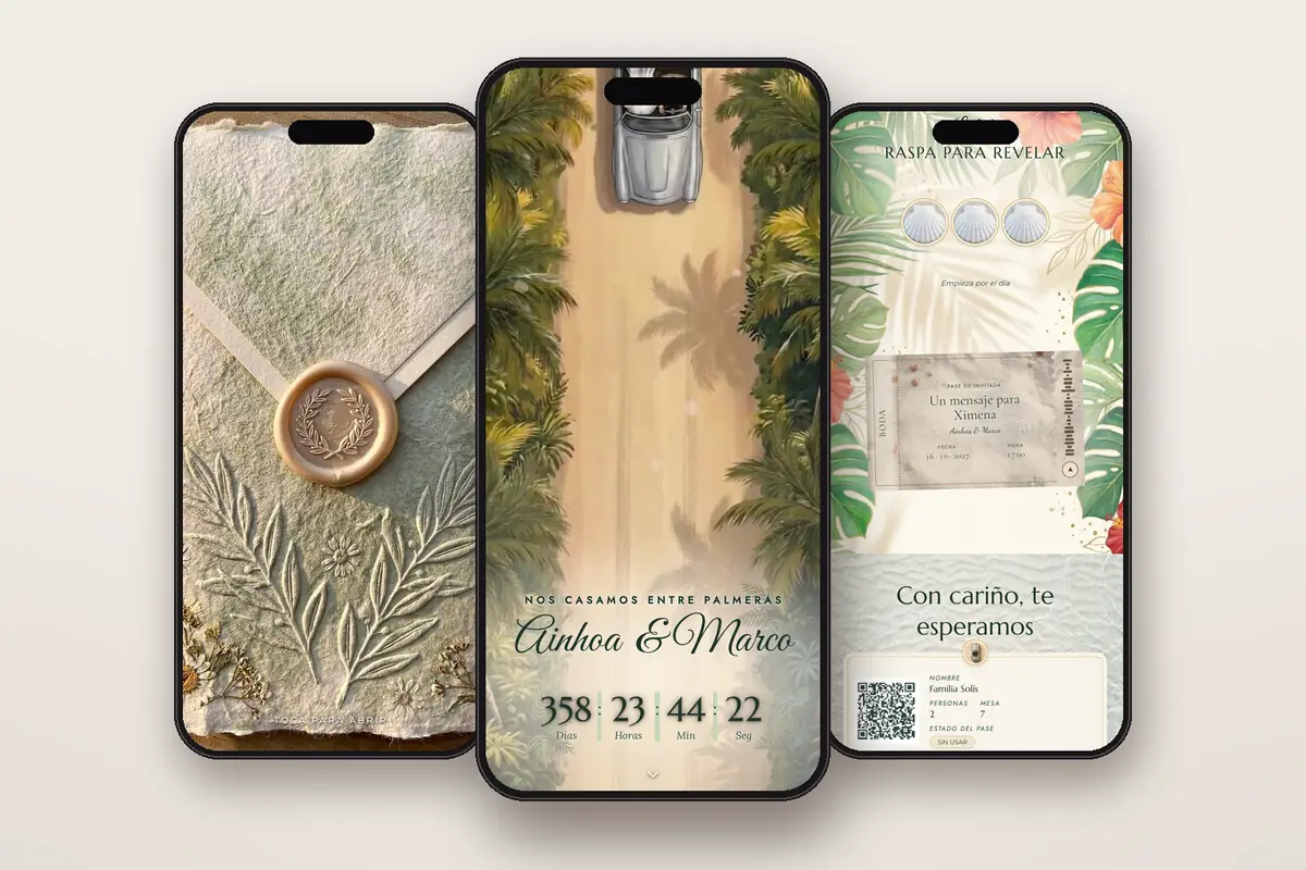 Invitación digital Camino de palmeras: el sobre, la portada y la raspadita con el pase QR