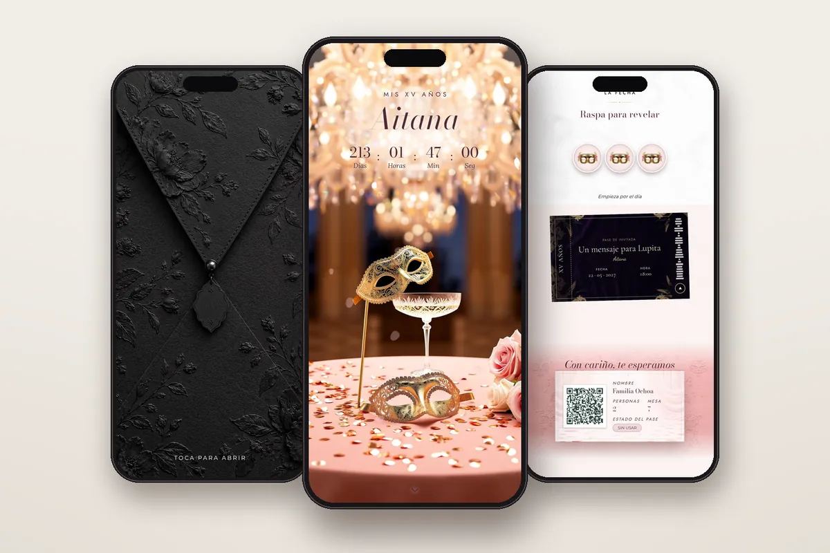 Invitación digital Mascarada rosé: el sobre, la portada y la raspadita con el pase QR
