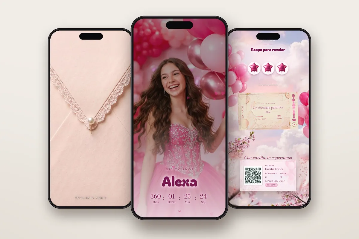 Invitación digital Globos rosa: el sobre, la portada y la raspadita con el pase QR