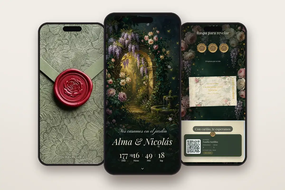 Invitación digital Jardín secreto: el sobre, la portada y la raspadita con el pase QR