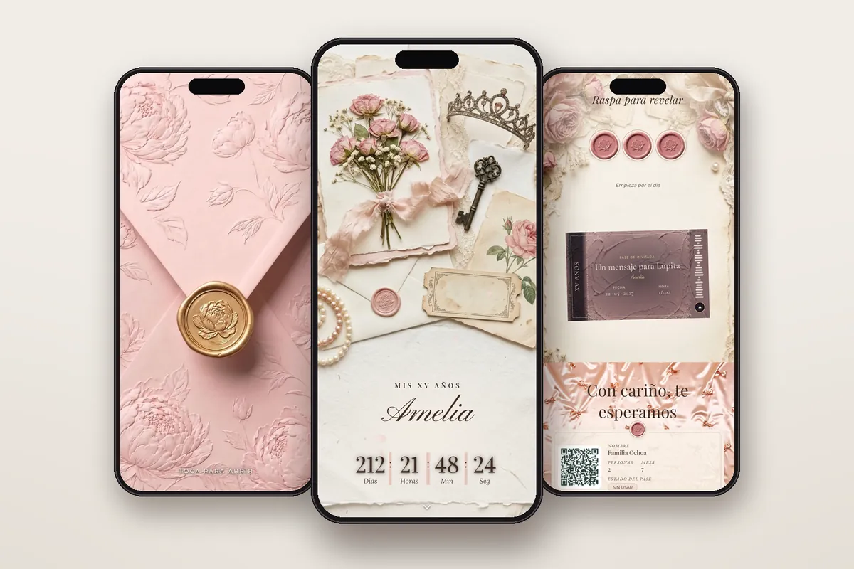 Invitación digital Álbum de recuerdos: el sobre, la portada y la raspadita con el pase QR