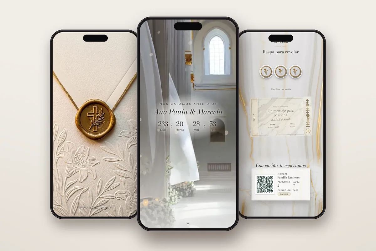 Invitación digital Mármol: el sobre, la portada y la raspadita con el pase QR
