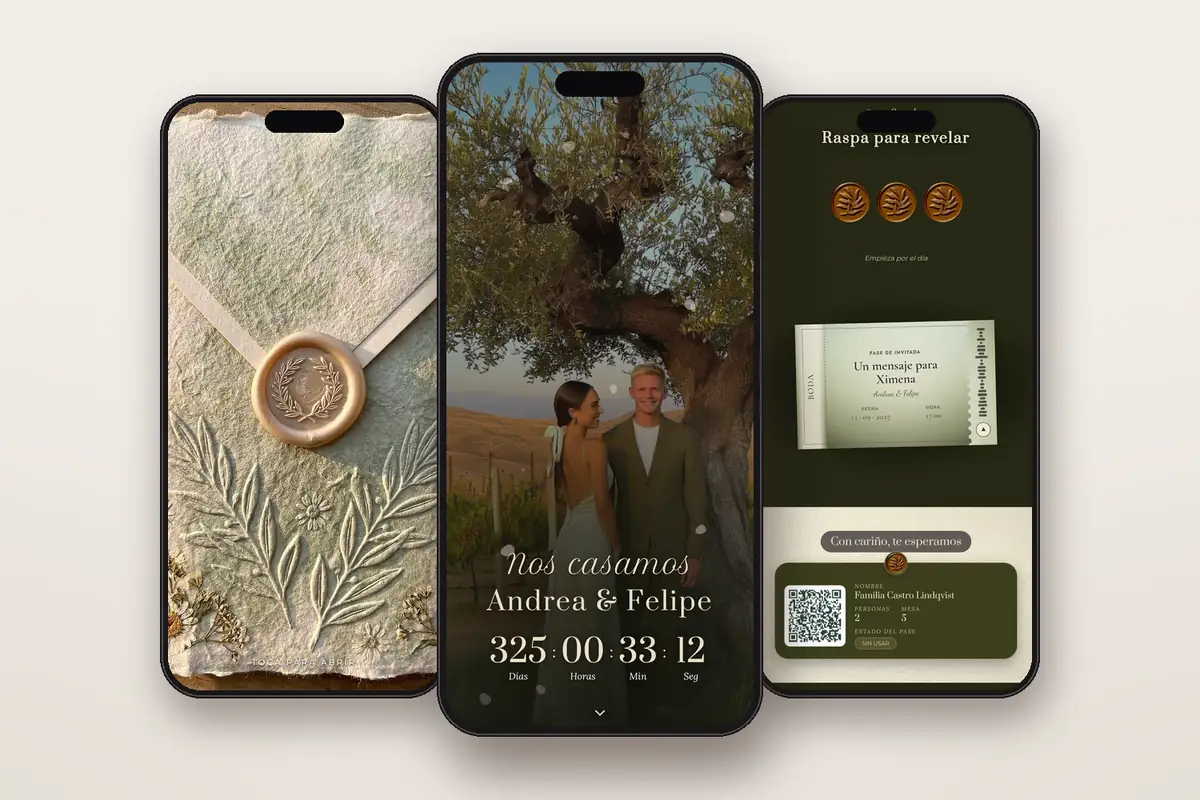 Invitación digital Degradé oliva: el sobre, la portada y la raspadita con el pase QR
