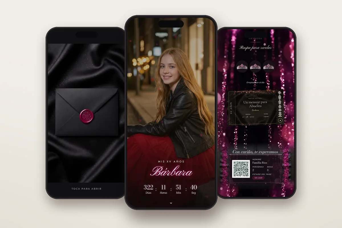 Invitación digital Glam: el sobre, la portada y la raspadita con el pase QR