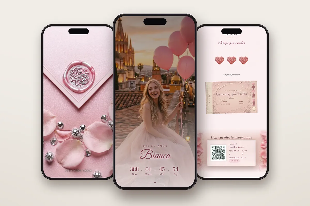 Invitación digital Brillos al atardecer: el sobre, la portada y la raspadita con el pase QR