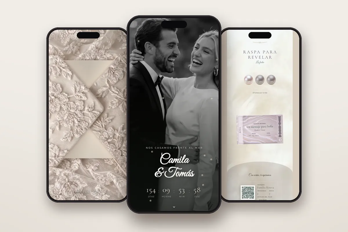 Invitación digital Perlas: el sobre, la portada y la raspadita con el pase QR
