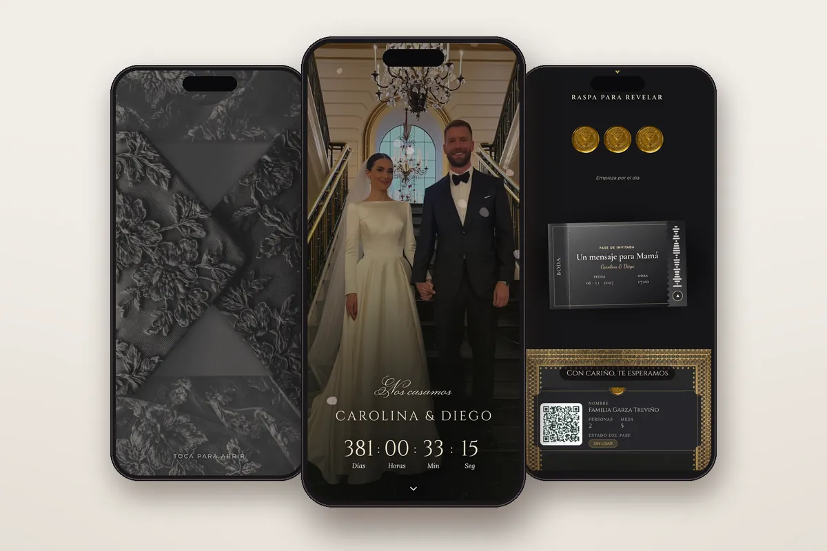 Invitación digital Degradé ónix: el sobre, la portada y la raspadita con el pase QR
