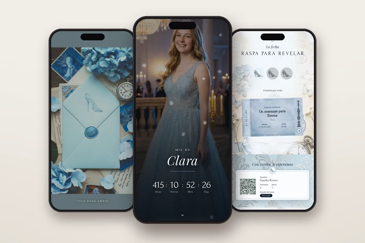Invitación digital Cenicienta: el sobre, la portada y la raspadita con el pase QR