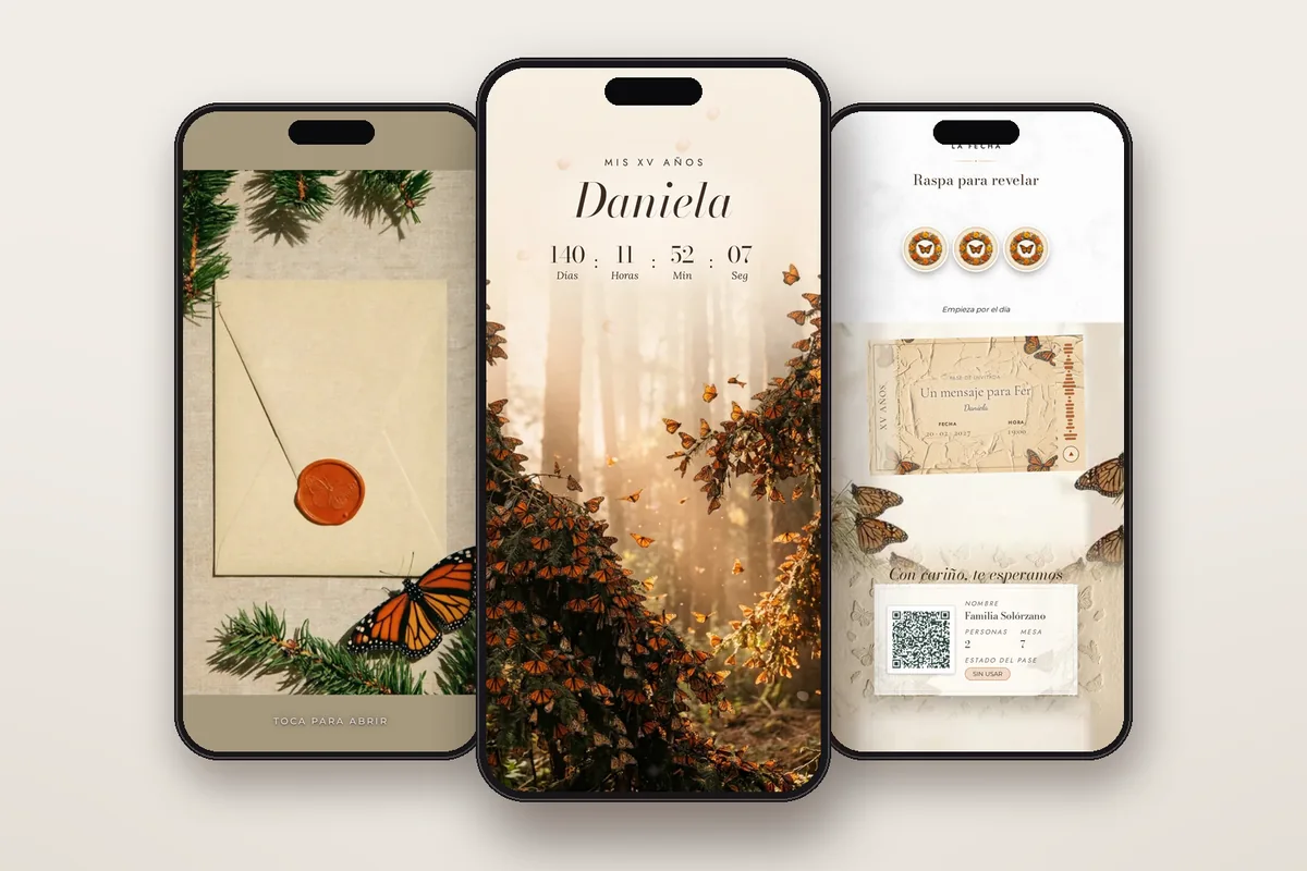 Invitación digital Mariposa monarca: el sobre, la portada y la raspadita con el pase QR