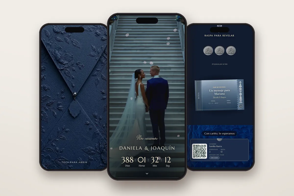 Invitación digital Degradé azul noche: el sobre, la portada y la raspadita con el pase QR