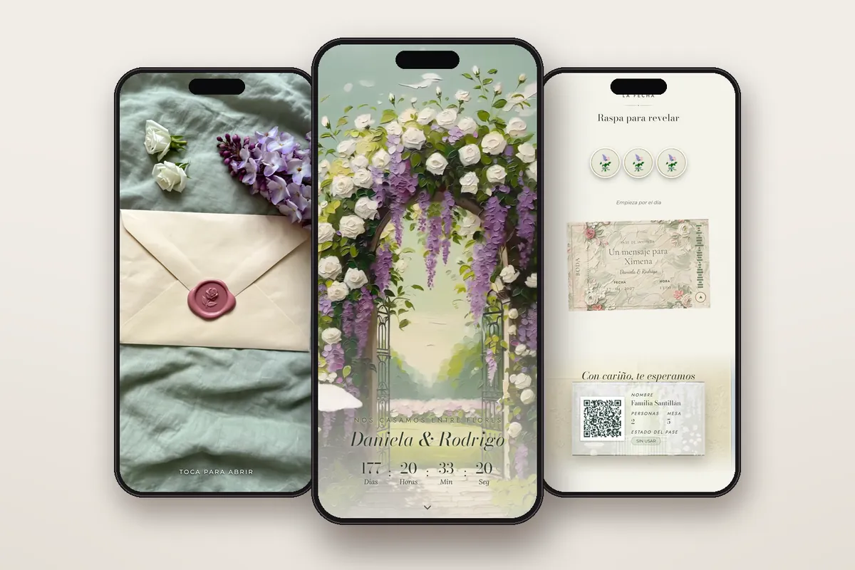 Invitación digital Óleo Jardín: el sobre, la portada y la raspadita con el pase QR
