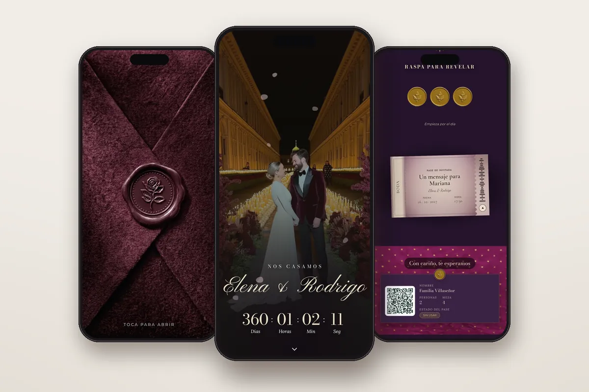 Invitación digital Degradé ciruela: el sobre, la portada y la raspadita con el pase QR