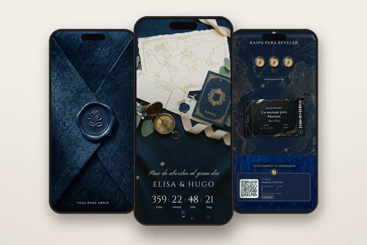 Invitación digital Pasaporte: el sobre, la portada y la raspadita con el pase QR