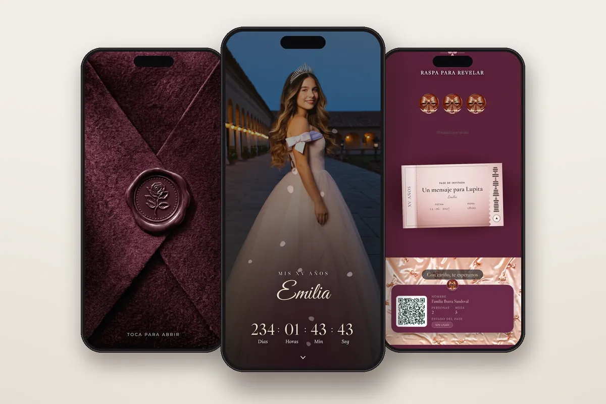 Invitación digital Flor de cerezo: el sobre, la portada y la raspadita con el pase QR