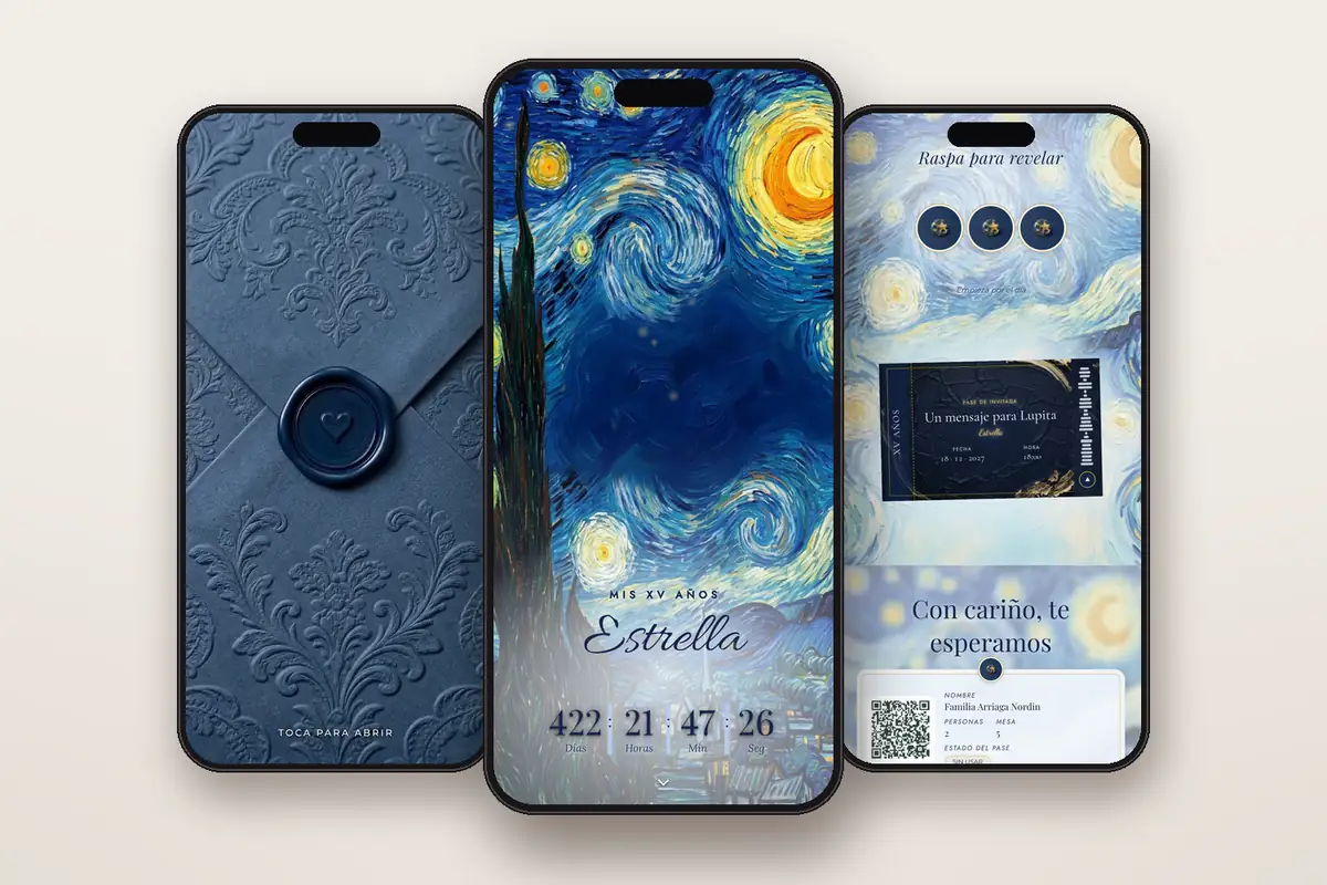 Invitación digital Noche estrellada: el sobre, la portada y la raspadita con el pase QR