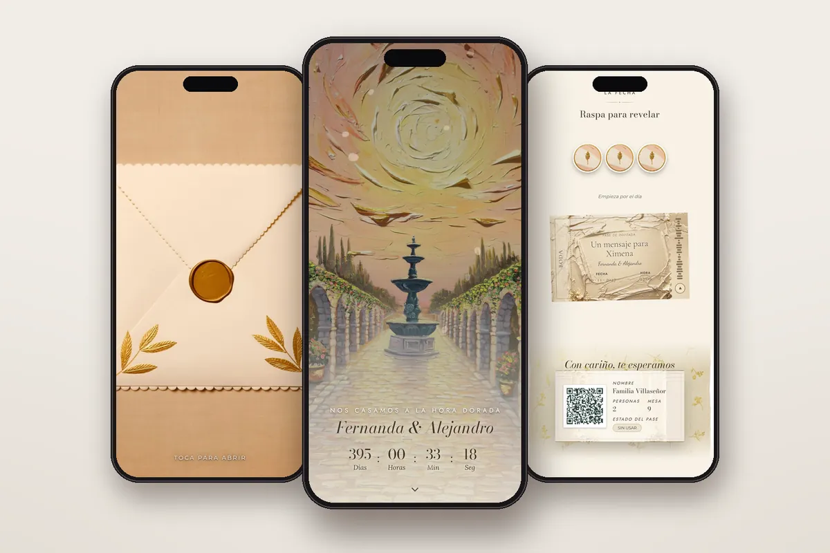 Invitación digital Óleo Champagne: el sobre, la portada y la raspadita con el pase QR