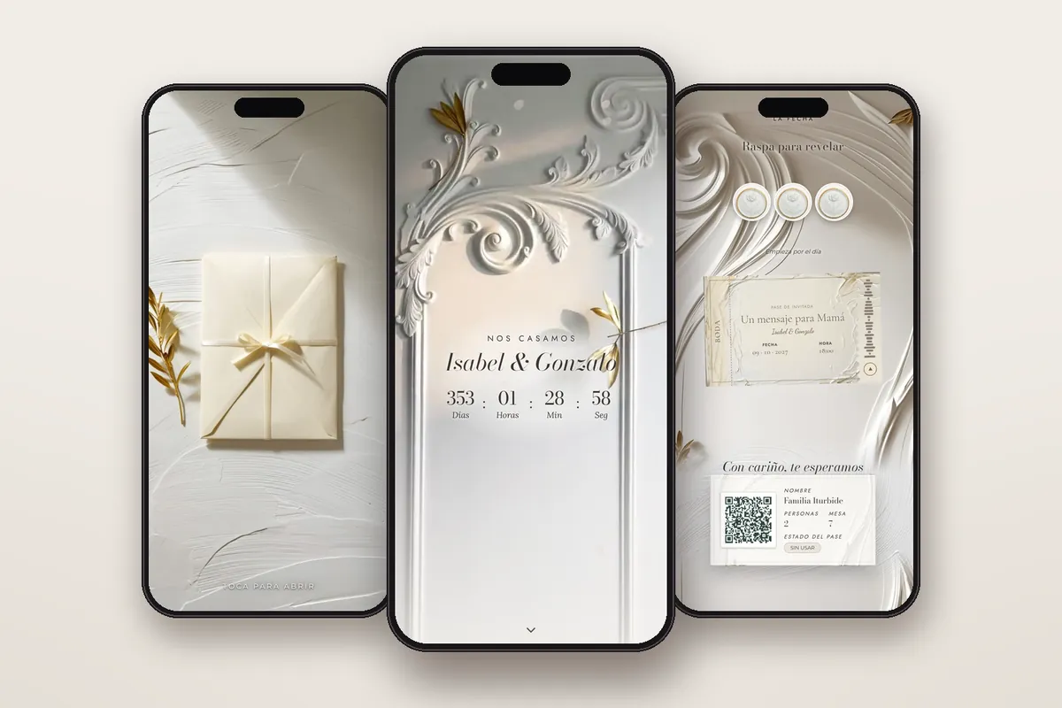 Invitación digital Espatulado: el sobre, la portada y la raspadita con el pase QR