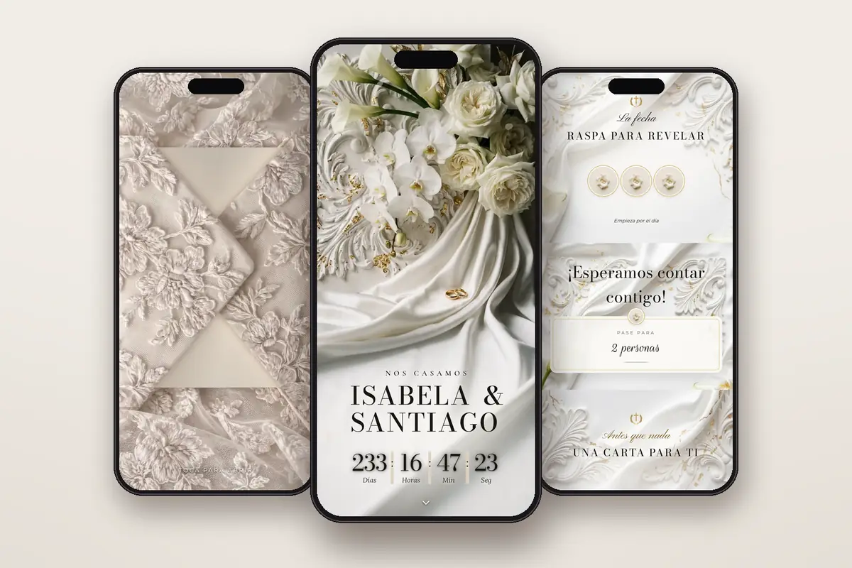 Invitación digital Seda y oro: el sobre, la portada y la raspadita con el pase QR