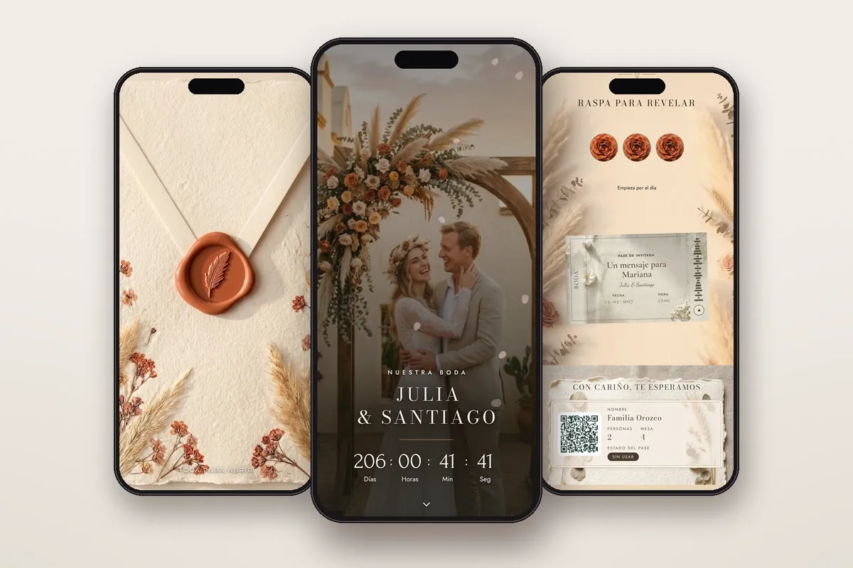 Invitación digital Bohemia: el sobre, la portada y la raspadita con el pase QR