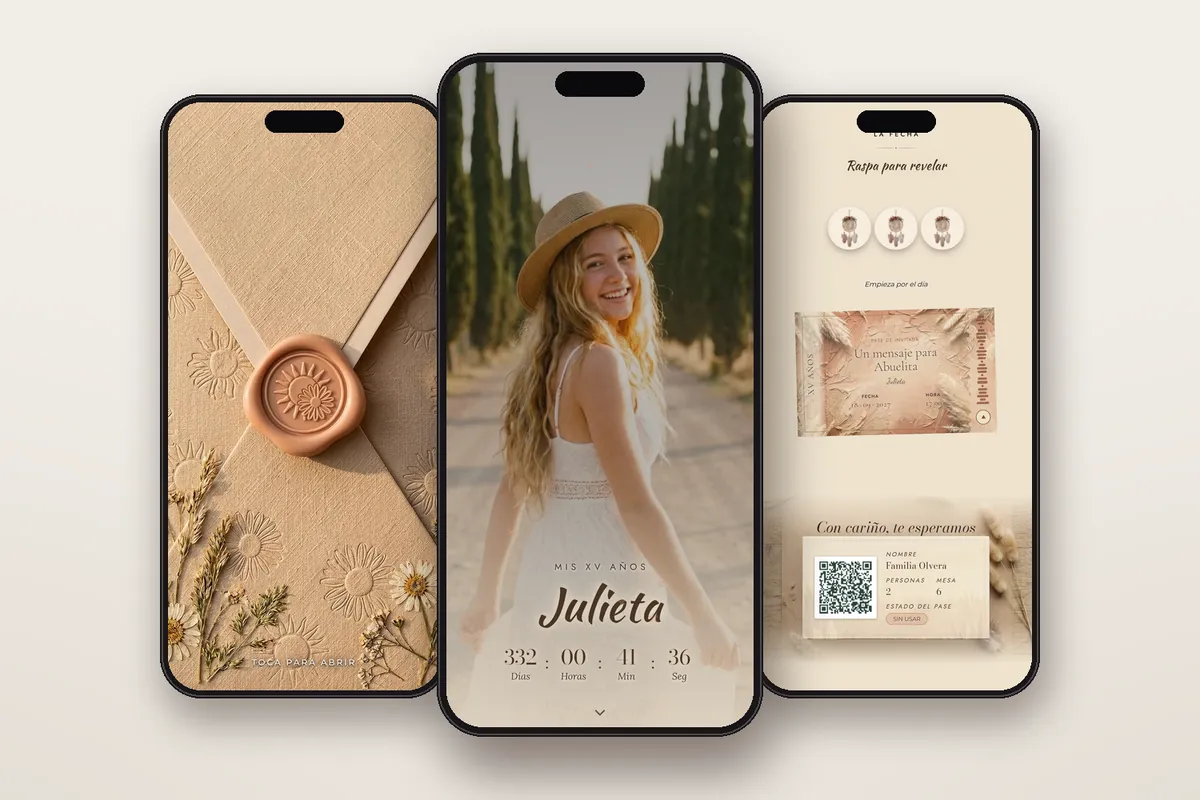 Invitación digital Boho: el sobre, la portada y la raspadita con el pase QR