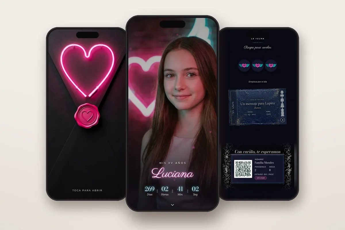 Invitación digital Corazón neón: el sobre, la portada y la raspadita con el pase QR