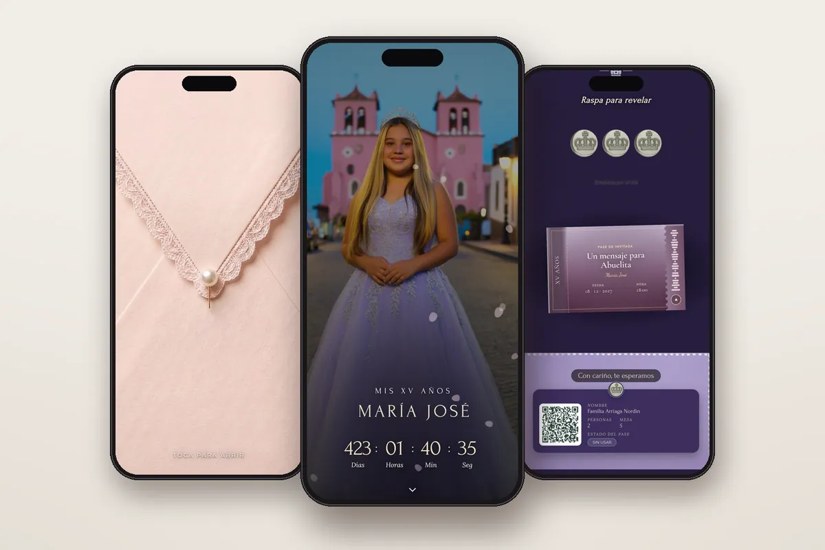 Invitación digital Lavanda: el sobre, la portada y la raspadita con el pase QR