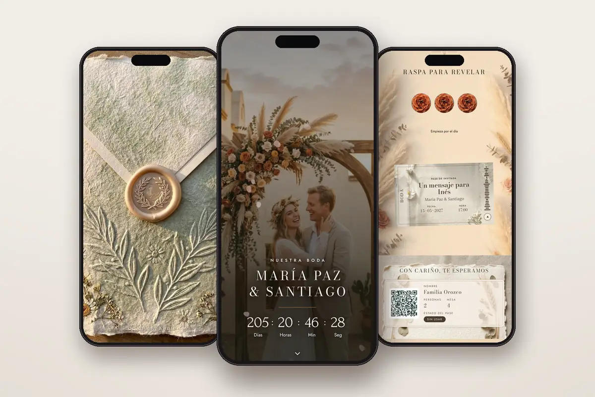 Invitación digital Arco de pampas: el sobre, la portada y la raspadita con el pase QR