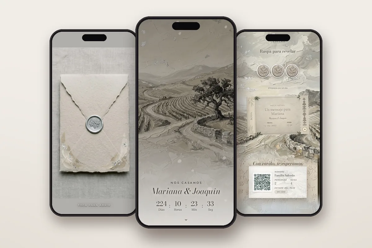 Invitación digital Óleo Piedra: el sobre, la portada y la raspadita con el pase QR