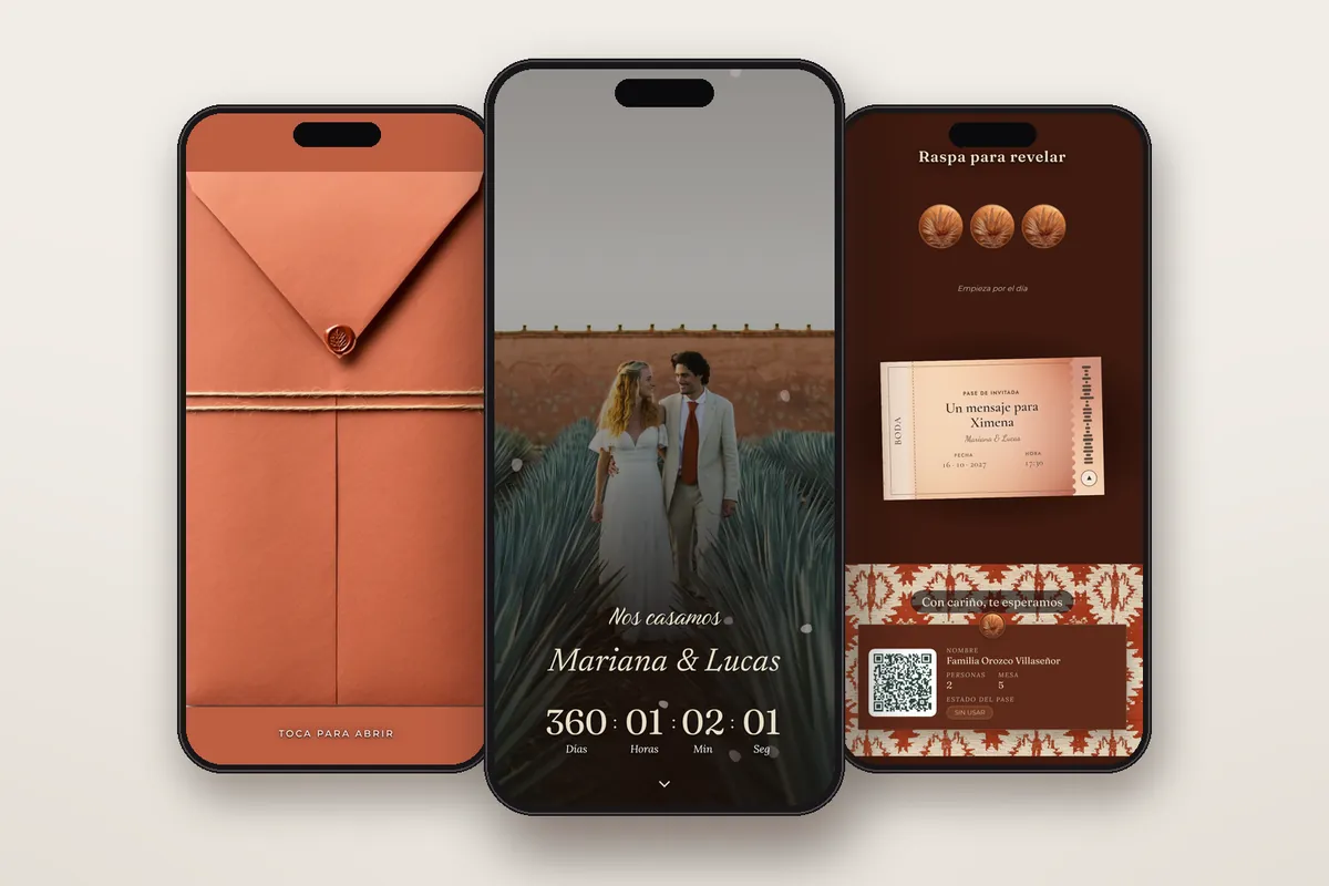 Invitación digital Degradé terracota: el sobre, la portada y la raspadita con el pase QR