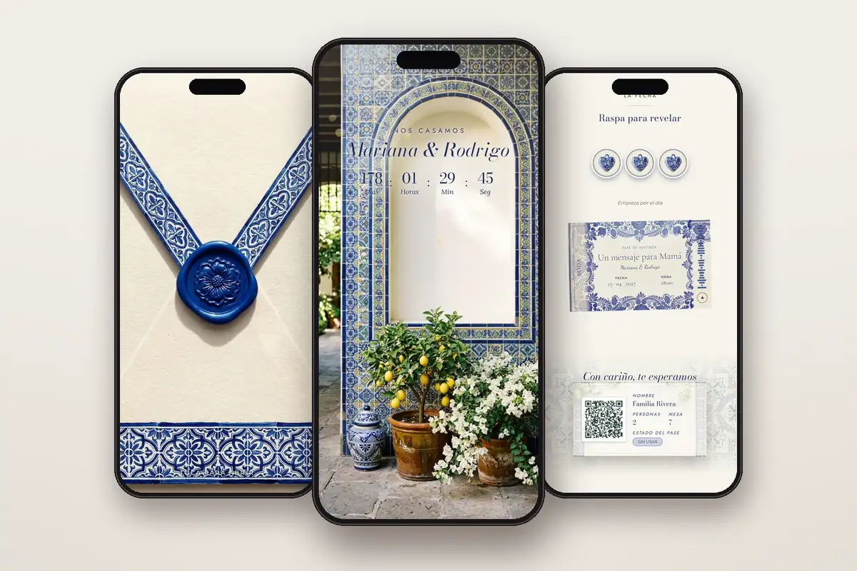 Invitación digital Talavera: el sobre, la portada y la raspadita con el pase QR