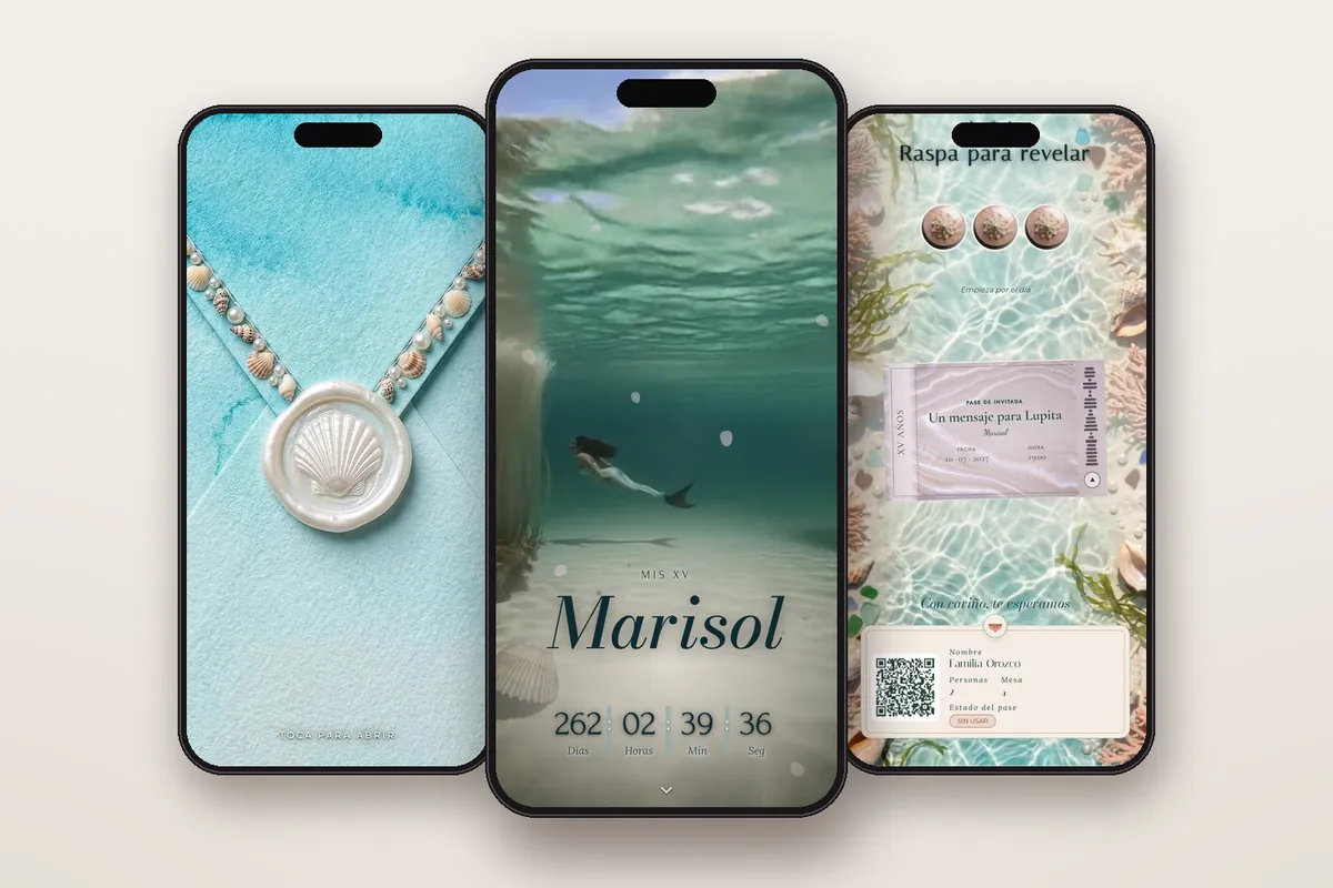 Invitación digital La Sirenita: el sobre, la portada y la raspadita con el pase QR
