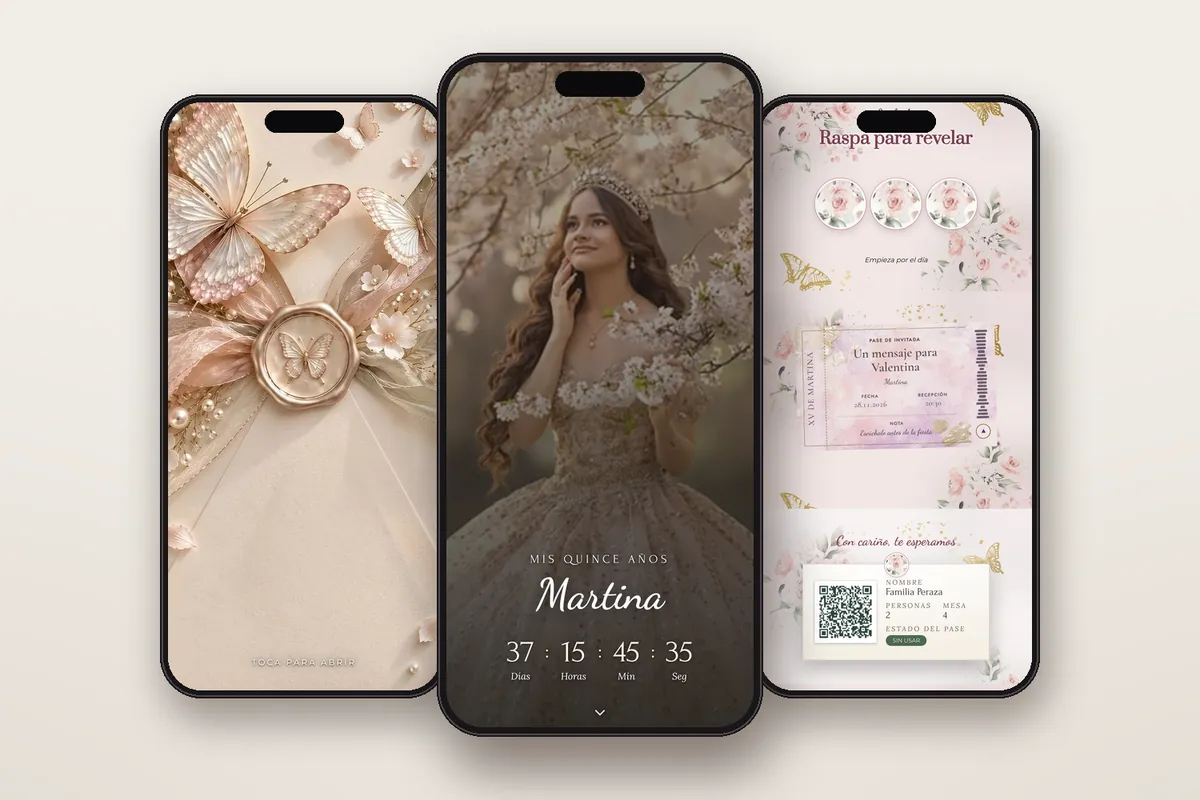 Invitación digital Mariposas de oro rosa: el sobre, la portada y la raspadita con el pase QR