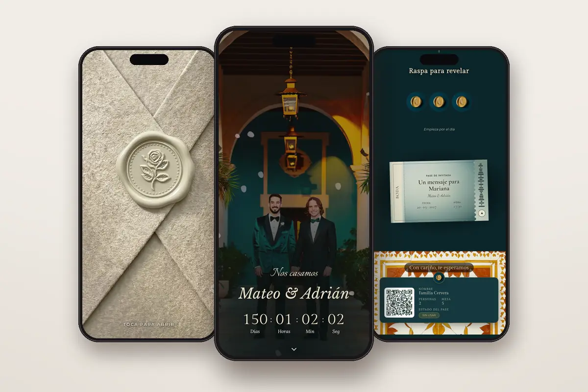 Invitación digital Degradé petróleo: el sobre, la portada y la raspadita con el pase QR