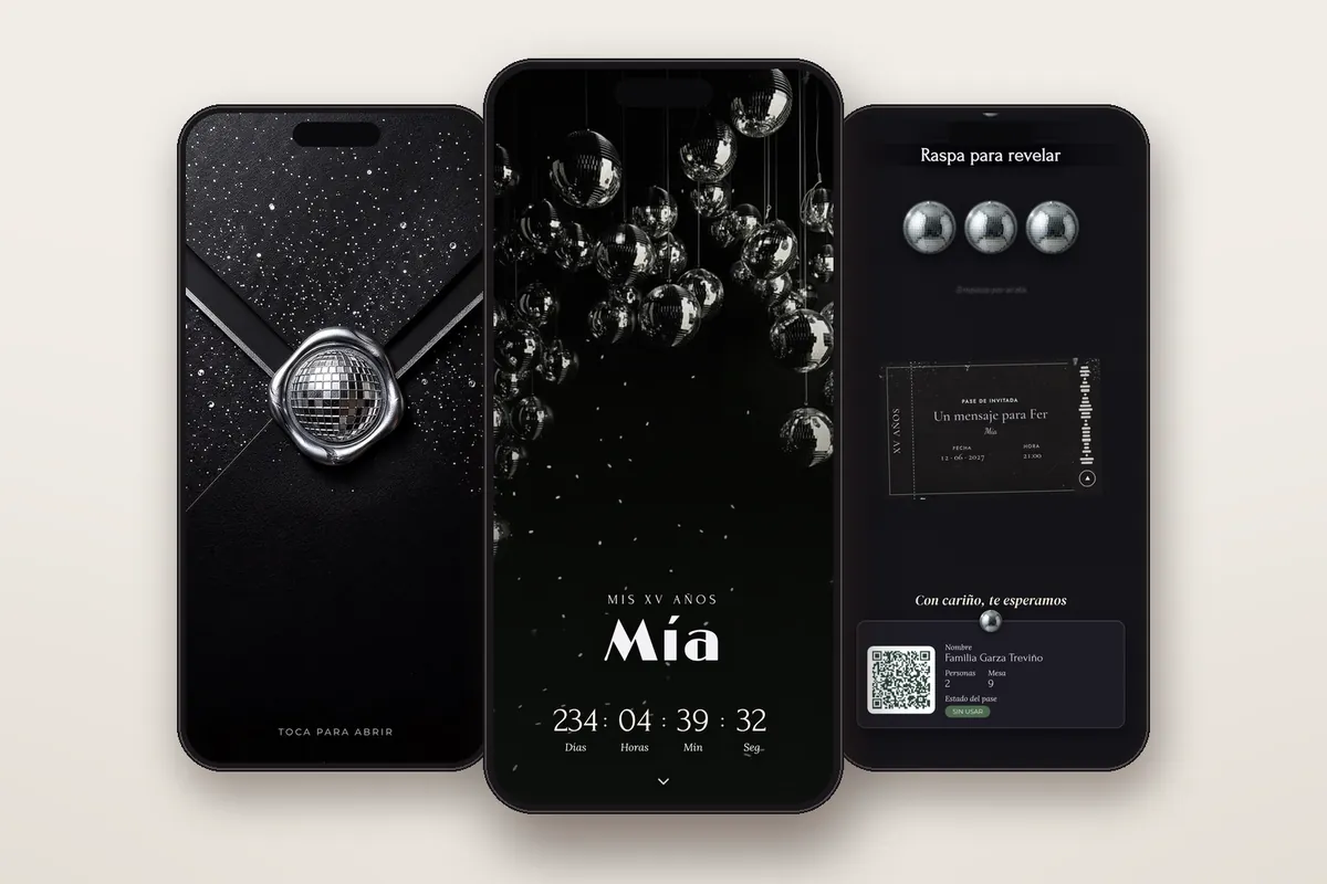Invitación digital Disco: el sobre, la portada y la raspadita con el pase QR