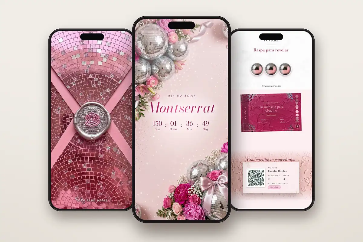 Invitación digital Rosa disco: el sobre, la portada y la raspadita con el pase QR