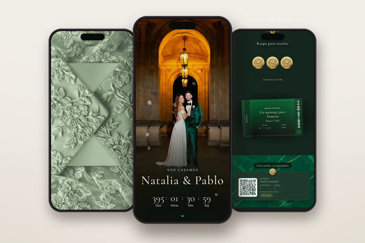 Invitación digital Degradé esmeralda: el sobre, la portada y la raspadita con el pase QR