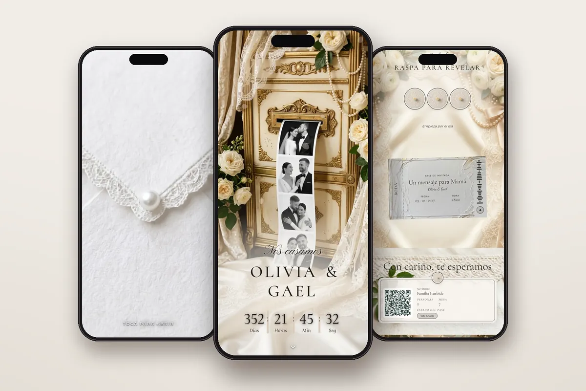 Invitación digital Cabina de fotos: el sobre, la portada y la raspadita con el pase QR