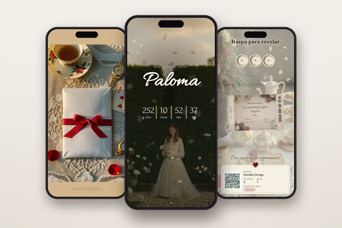 Invitación digital Alicia en el país de las maravillas: el sobre, la portada y la raspadita con el pase QR