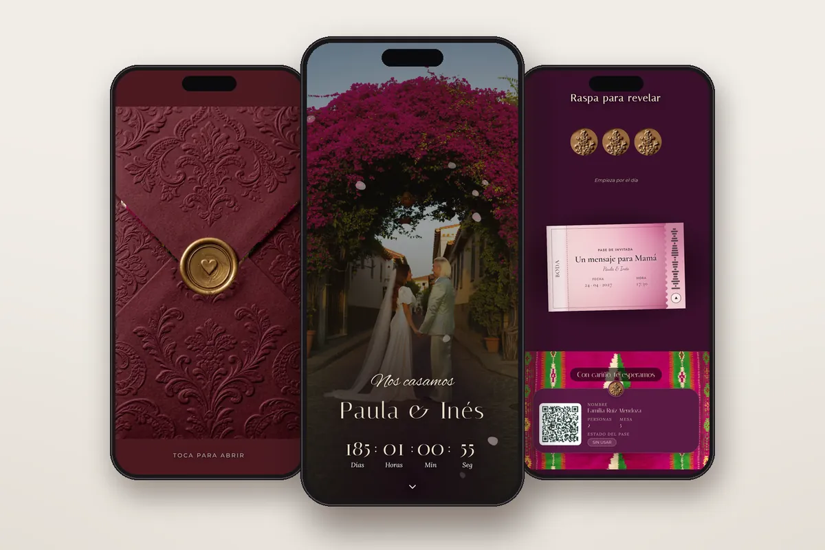 Invitación digital Degradé magenta: el sobre, la portada y la raspadita con el pase QR