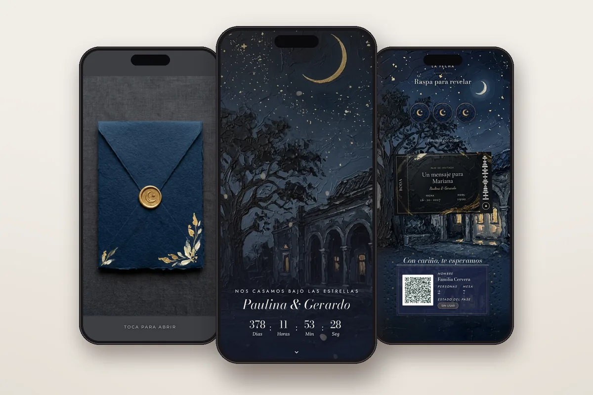 Invitación digital Óleo Nocturno: el sobre, la portada y la raspadita con el pase QR