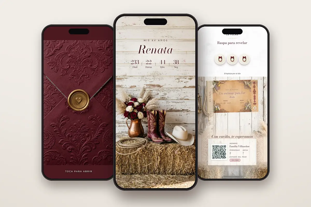 Invitación digital Vaquera vino: el sobre, la portada y la raspadita con el pase QR