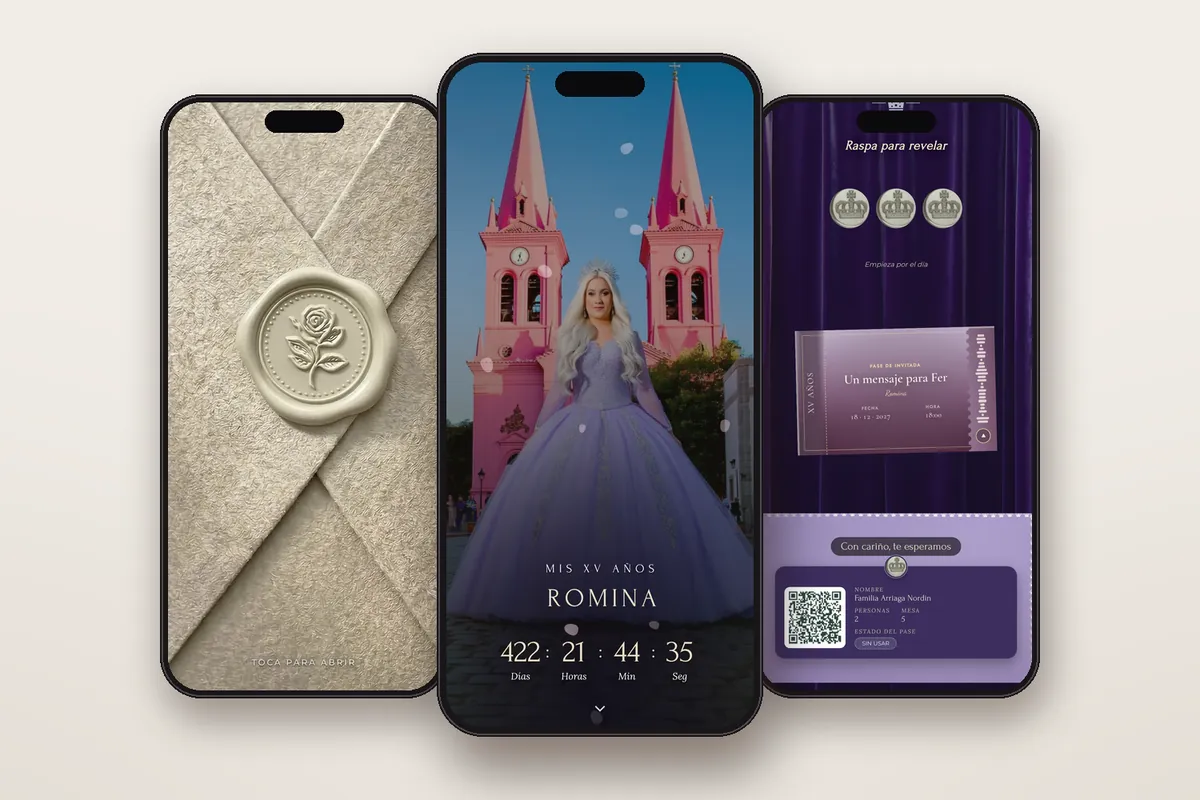 Invitación digital Degradé lavanda: el sobre, la portada y la raspadita con el pase QR