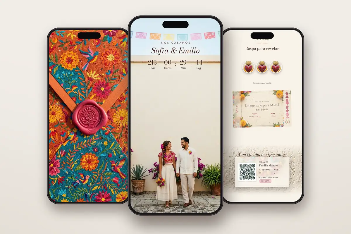 Invitación digital Mexicana: el sobre, la portada y la raspadita con el pase QR
