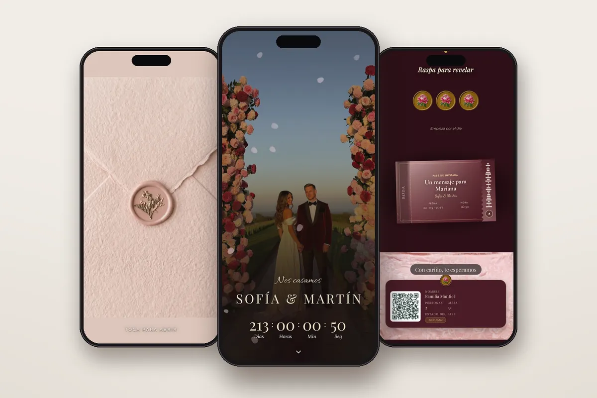 Invitación digital Degradé borgoña: el sobre, la portada y la raspadita con el pase QR
