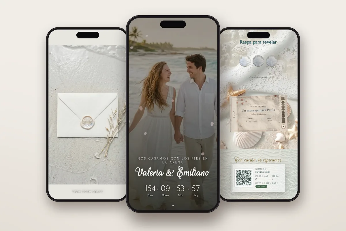 Invitación digital Playa: el sobre, la portada y la raspadita con el pase QR
