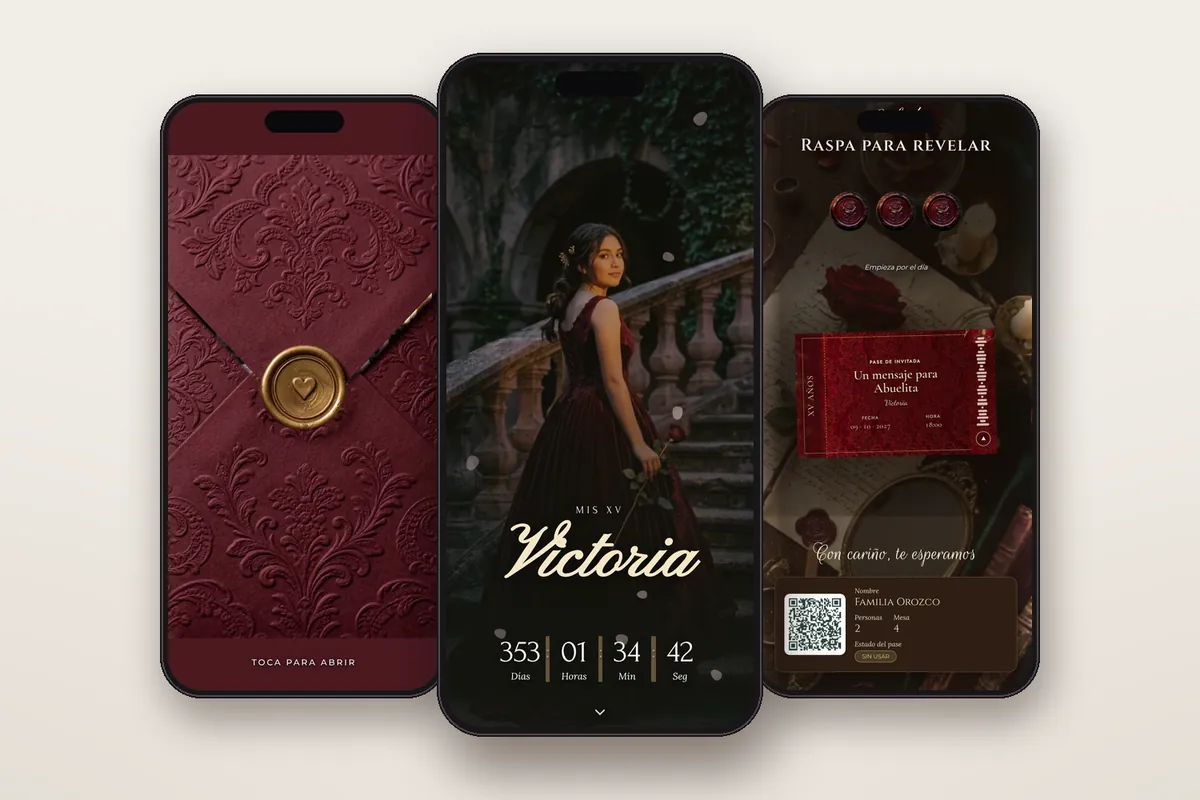 Invitación digital La Bella y la Bestia: el sobre, la portada y la raspadita con el pase QR