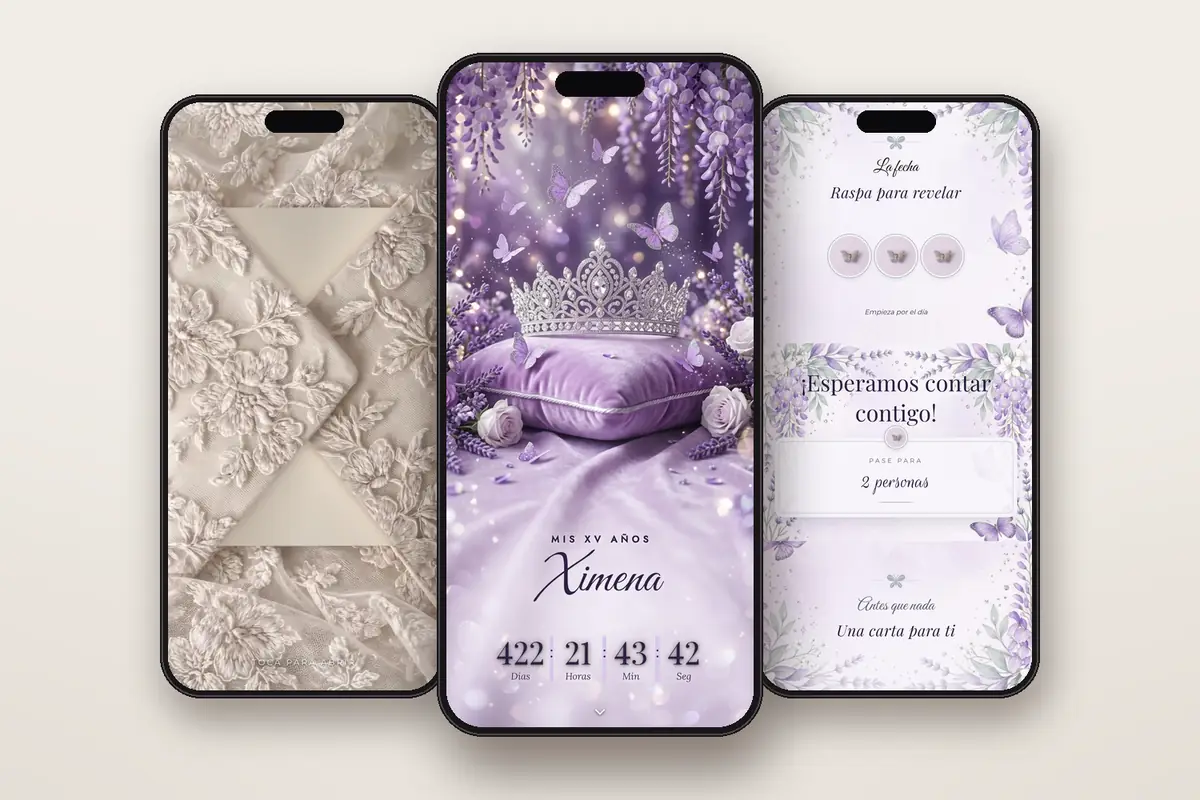Invitación digital Corona lila: el sobre, la portada y la raspadita con el pase QR