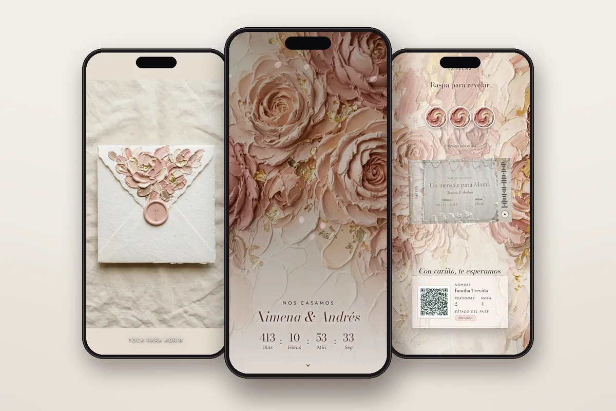 Invitación digital Óleo Rosé: el sobre, la portada y la raspadita con el pase QR