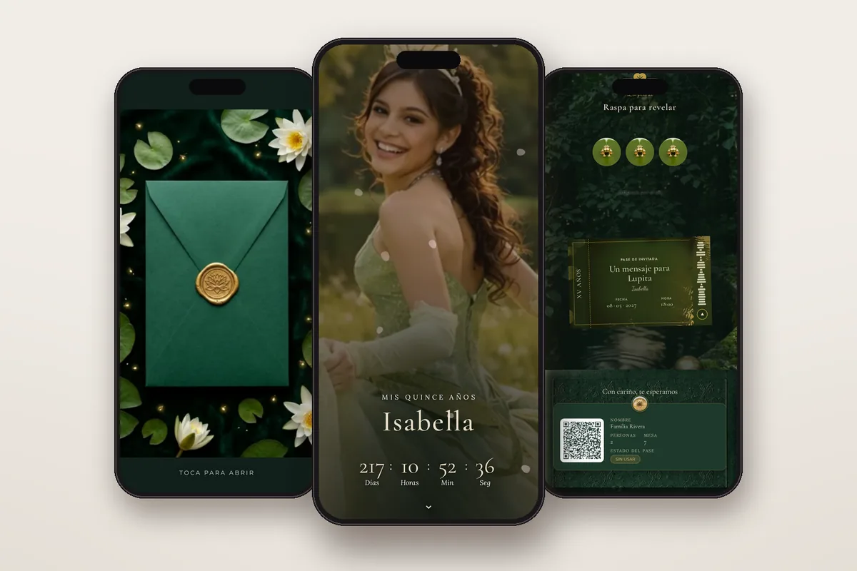 Invitación digital La princesa y el sapo: el sobre, la portada y la raspadita con el pase QR
